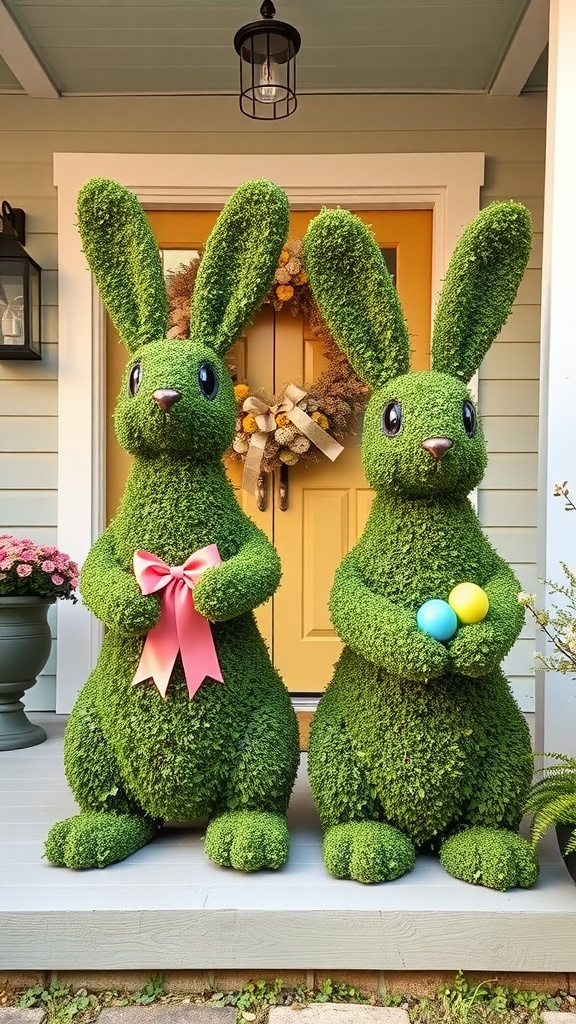 Two green bunny topiaries on a porch, one holding a pink bow and the other holding colorful eggs.