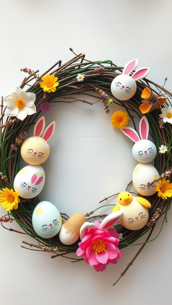 A colorful Easter egg wreath featuring painted eggs as bunnies and chicks, adorned with flowers.