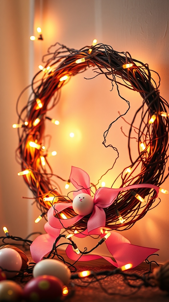 Easter wreath adorned with fairy lights and a pink bow