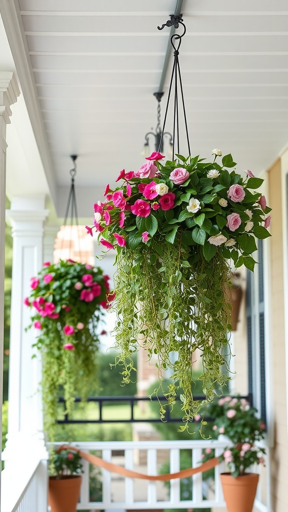 Hanging baskets filled with pink and magenta flowers and trailing greenery adorn a covered porch with white pillars and a black railing.