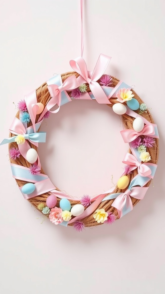 A decorative wreath adorned with pink and blue ribbons, pastel-colored eggs, and artificial flowers on a light pink background.