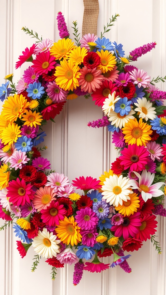 A colorful flower wreath made of various bright flowers and greenery, hanging on a door.