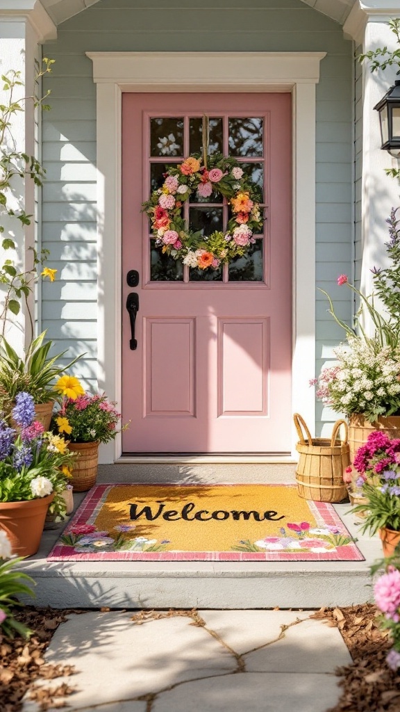 A pink front door with a floral wreath, surrounded by potted flowers, and a welcome mat with floral designs on a porch.