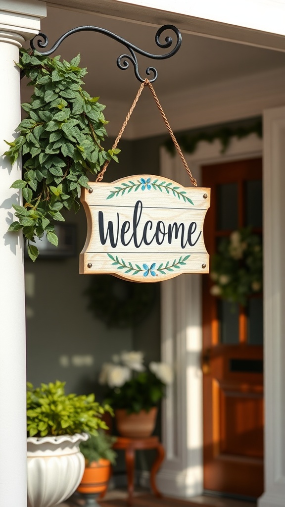 A charming wooden sign hanging from a porch, decorated with green leaves.