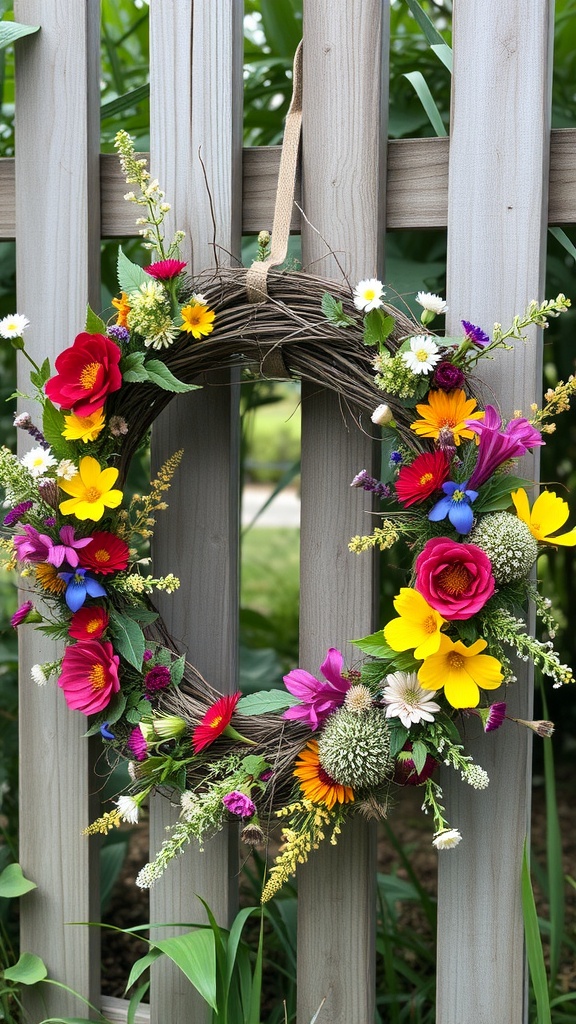 A colorful spring floral wreath made of various wildflowers hanging on a wooden fence.