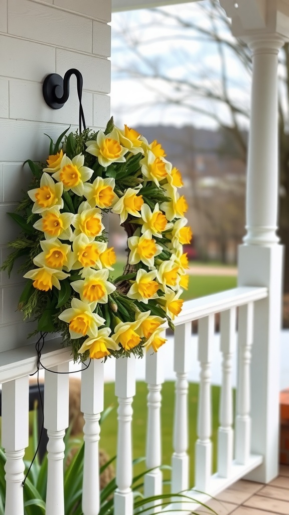 A beautiful spring wreath made of white and yellow daffodils hanging on a porch.