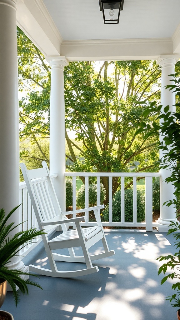 A serene front porch featuring white rocking chairs with a view of lush greenery.