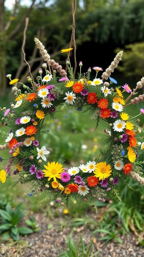 A colorful spring wreath made with various wildflowers hanging outdoors.