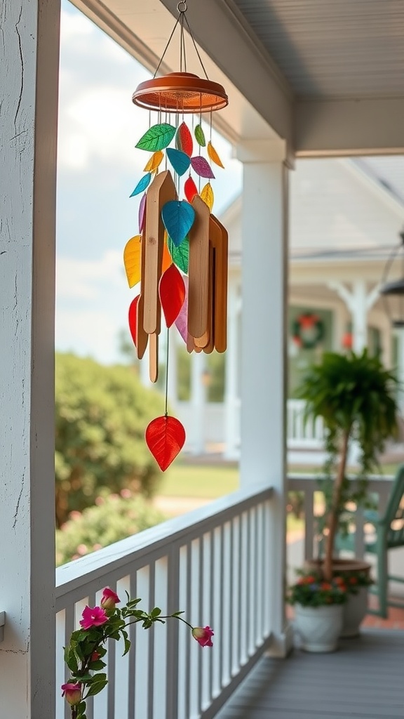 Colorful wind chimes hanging on a farmhouse porch