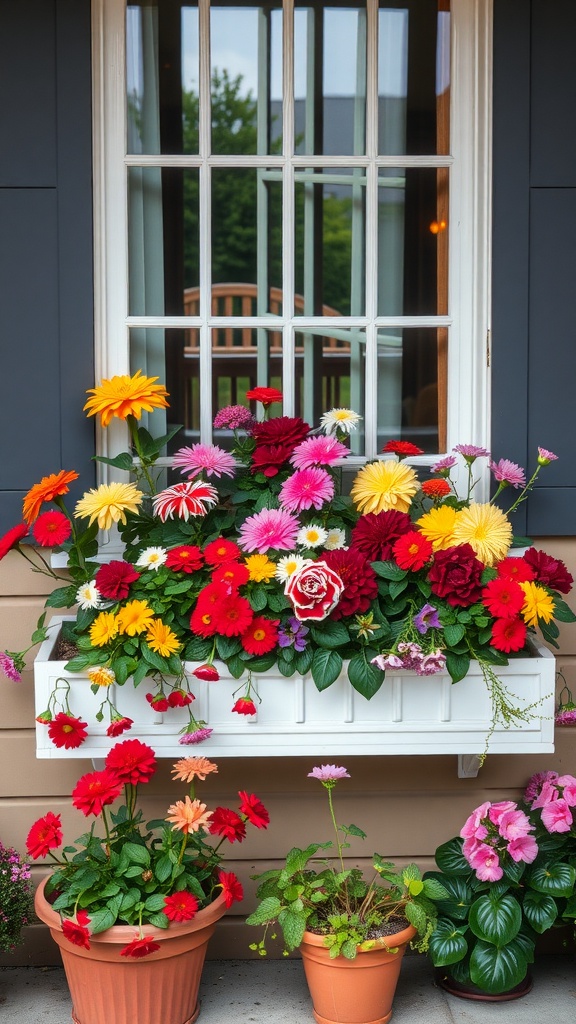 Colorful window box planter filled with various flowers, enhancing a porch setting.