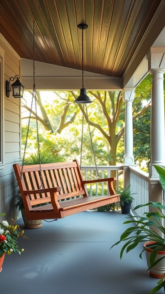 A beautifully crafted wood porch swing hanging on a porch with greenery and soft lighting.