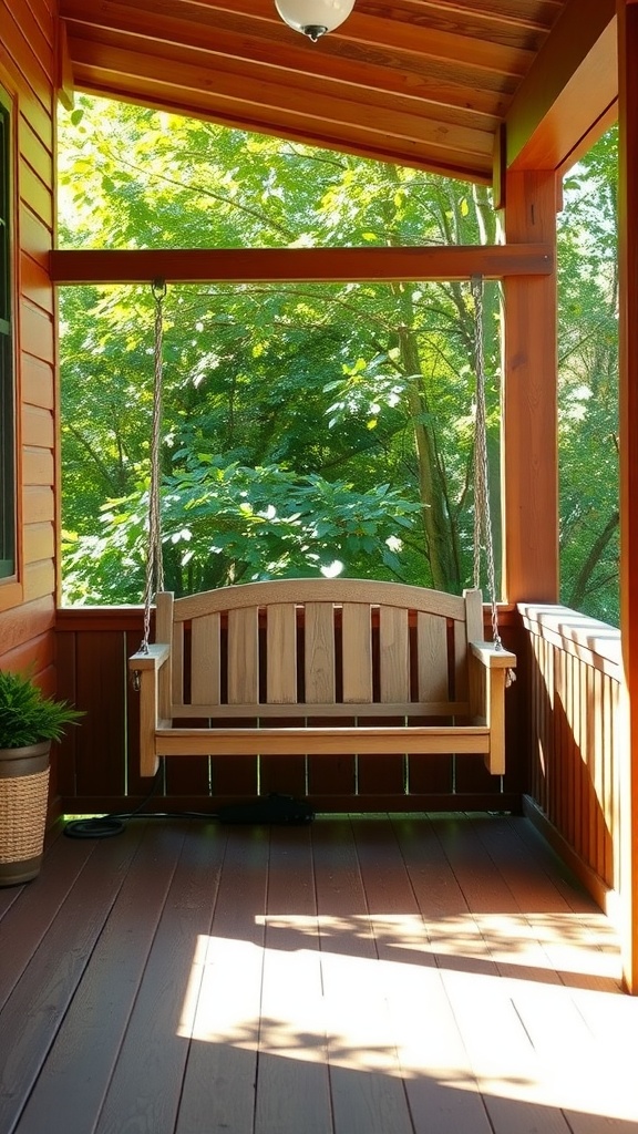 A wooden porch with a free standing swing, surrounded by greenery.