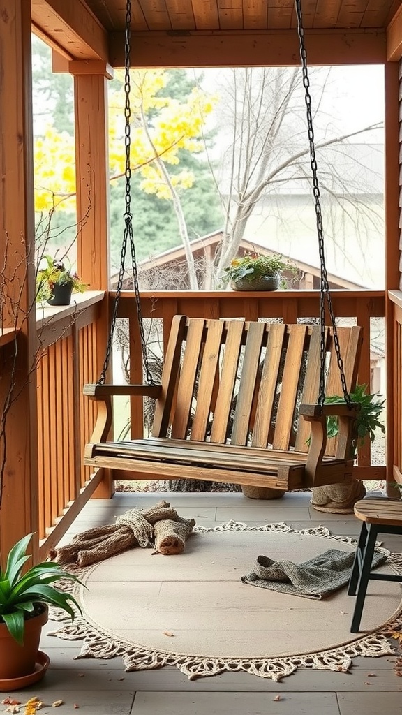 Wooden swing chair on a rustic farmhouse porch with plants and cozy decor.