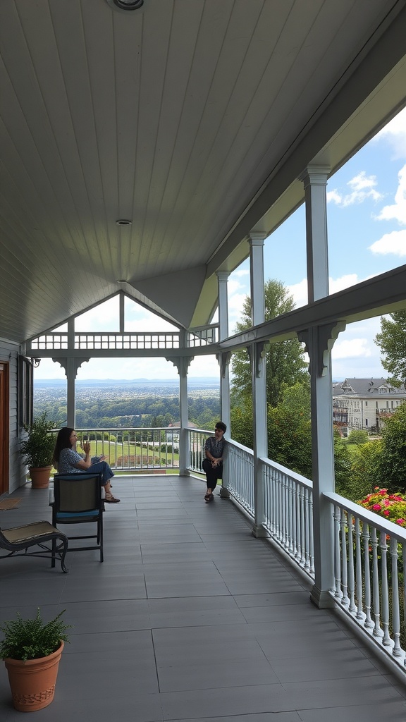 A spacious wrap-around porch with two people enjoying the view.