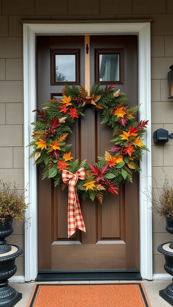 A beautiful autumn wreath adorned with colorful leaves and a checkered bow on a front door.